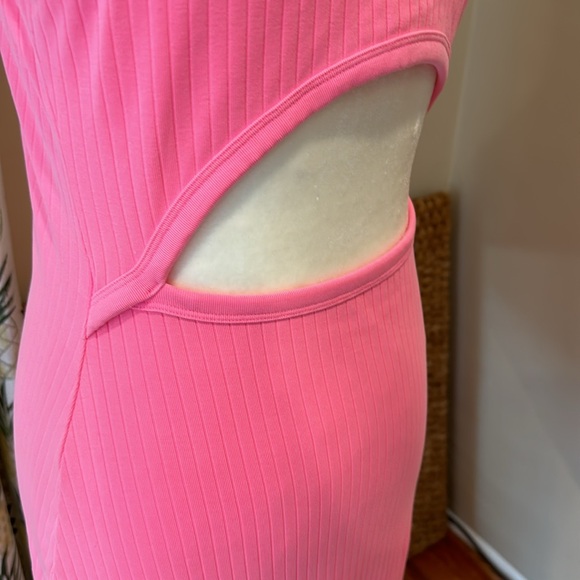 AERIE Backless Dress Neon Pink Rib Cotton Blend Scoop Neck MIDI Dress Slit NWT - Picture 2 of 7